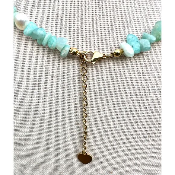 Natural Turquoise Amazonite and Freshwater Pearl Necklace with Nautilus Pendant - Picture 4 of 5